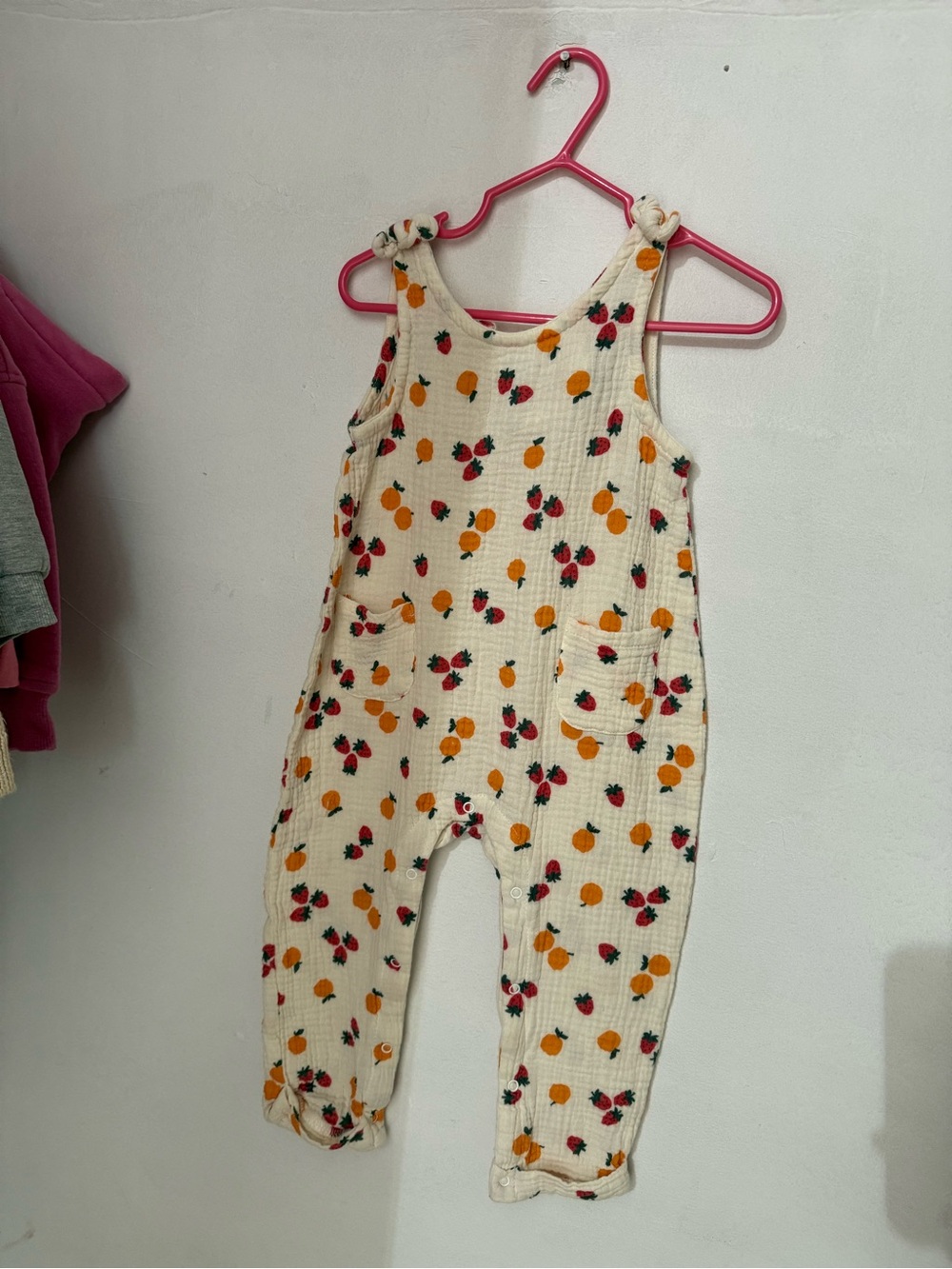 Cream Fruit-Print Toddler Romper with Knotted Shoulder Straps
